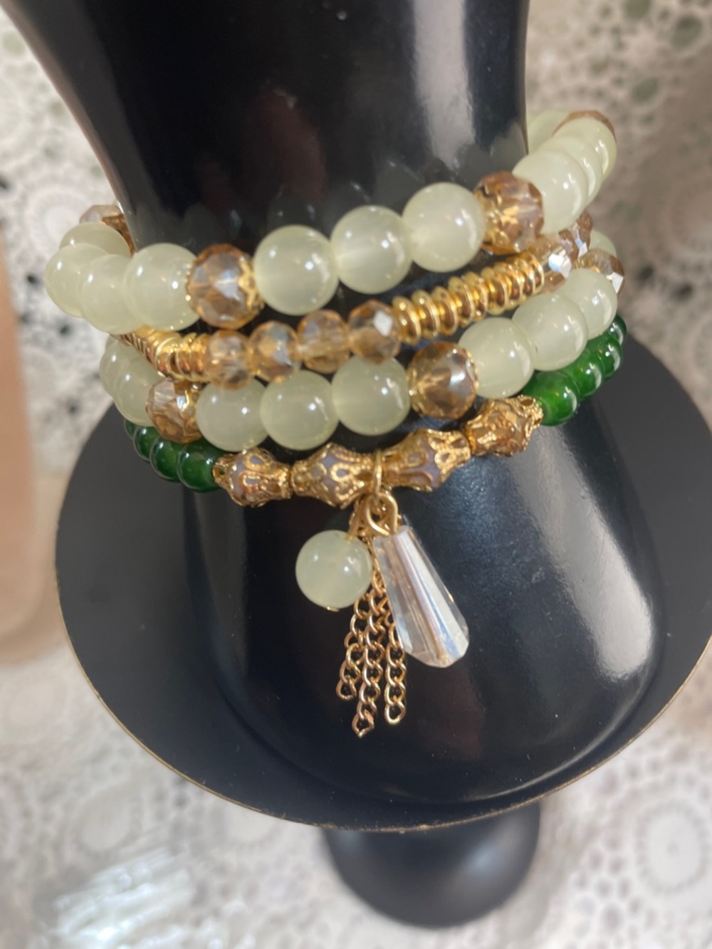 Gold & Jade Beaded Bundle (4pcs) stretch Bracelets Acrylic, crystals, metal sz 7